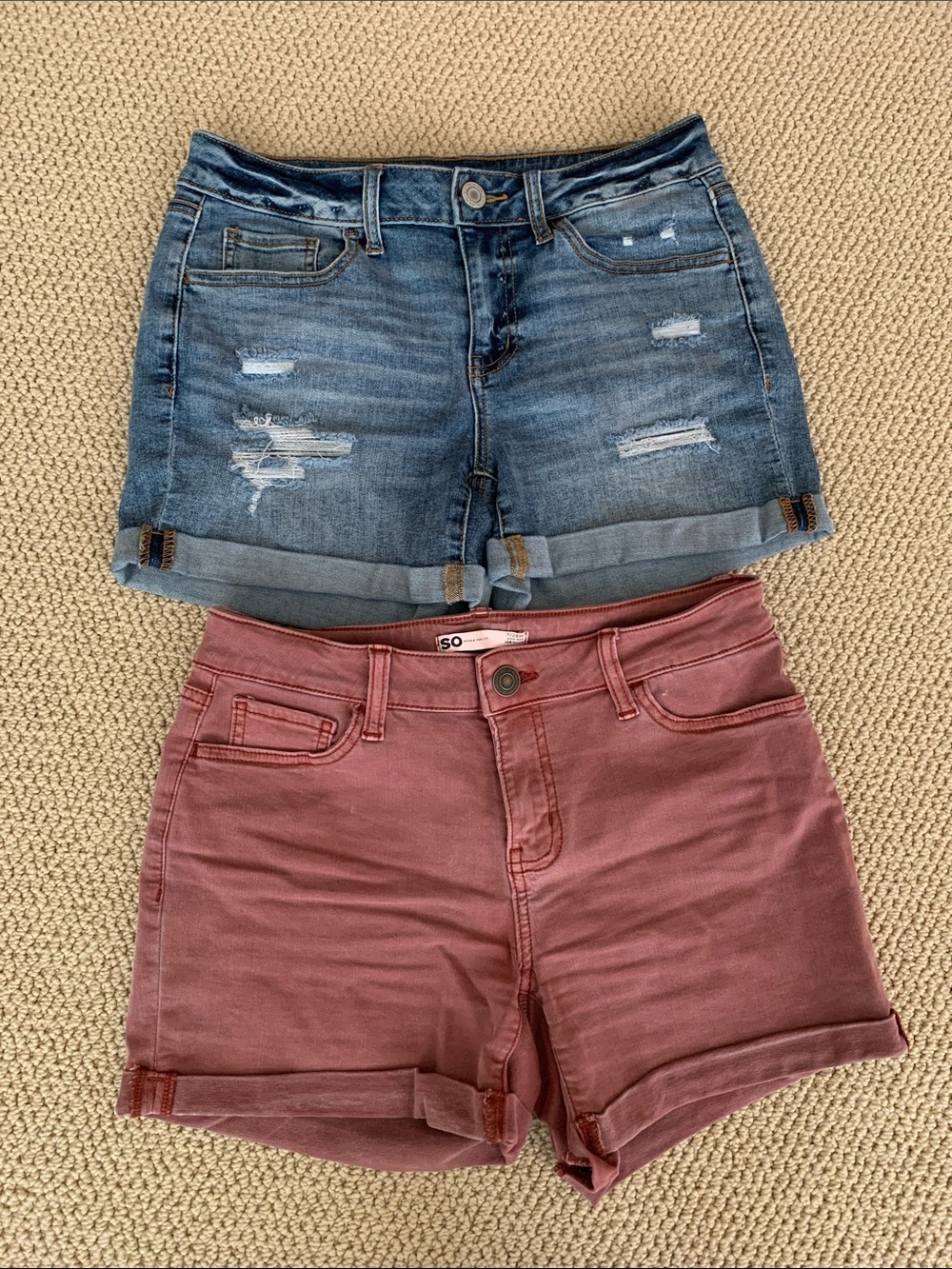 SO Distressed Blue Denim & Light Red Shorts